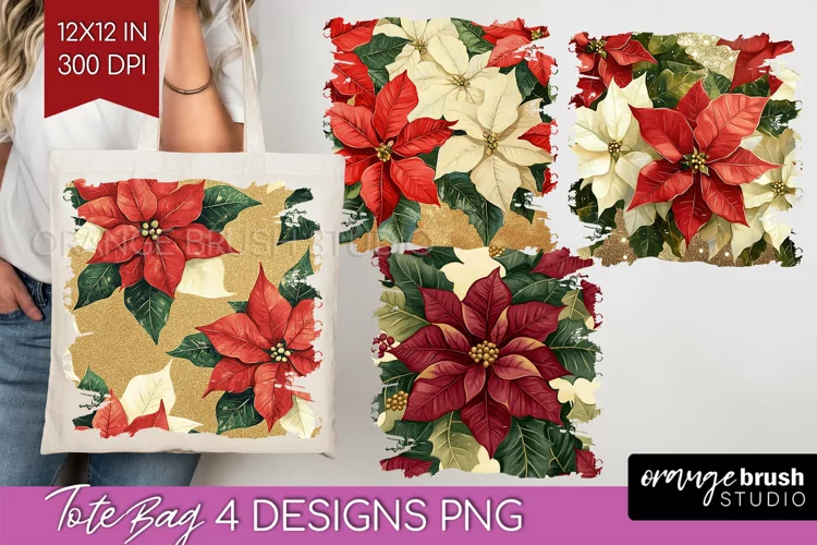 Poinsettia Tote Bag - Christmas Tote Bag PNG Sublimation