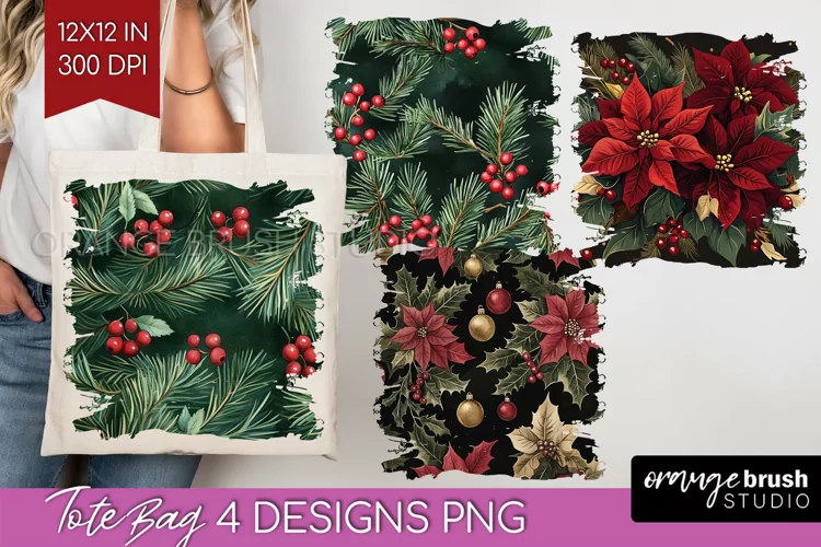 Poinsettia Tote Bag - Christmas Tote Bag PNG Sublimation