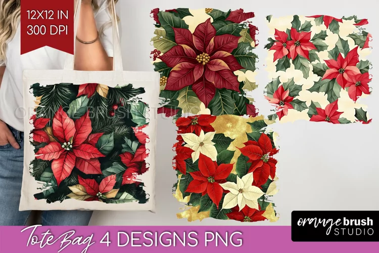 Poinsettia Tote Bag - Christmas Tote Bag PNG Sublimation
