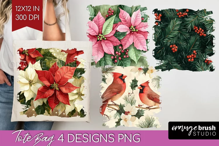 Poinsettia Tote Bag - Christmas Tote Bag PNG Sublimation