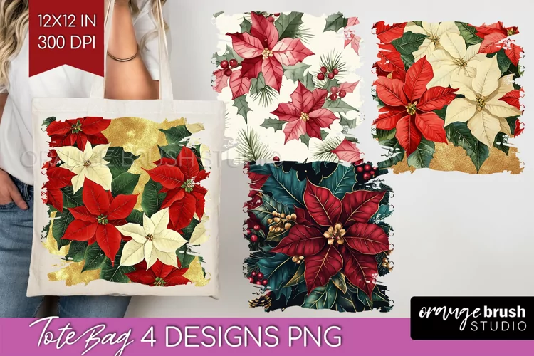 Poinsettia Tote Bag - Christmas Tote Bag PNG Sublimation