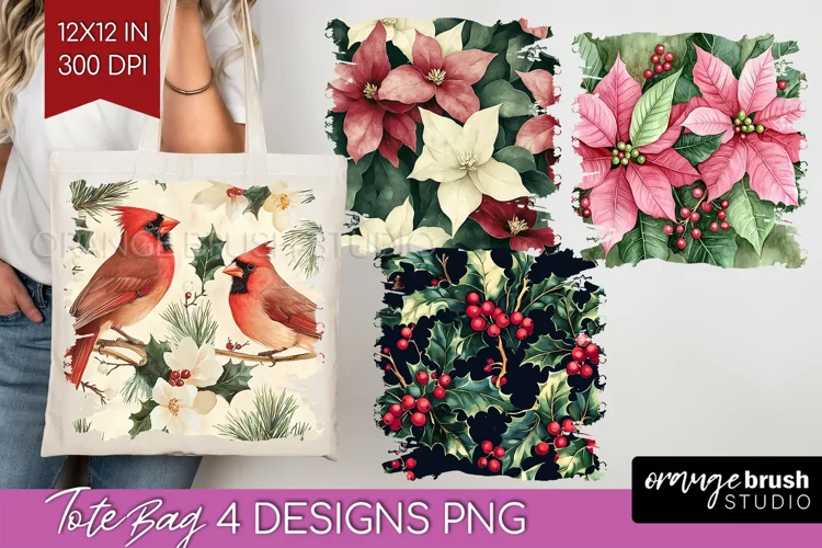 Poinsettia Tote Bag - Christmas Tote Bag PNG Sublimation