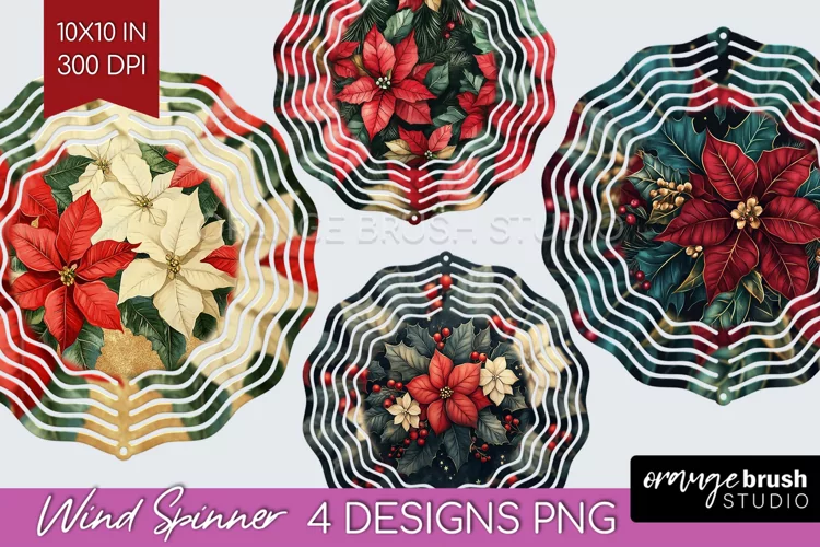 Poinsettia Wind Spinner Sublimation PNG - Christmas Round