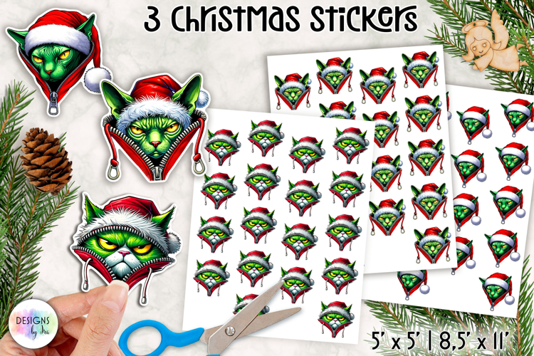 Christmas Grumpy Stickers, Funny Green Character Holiday