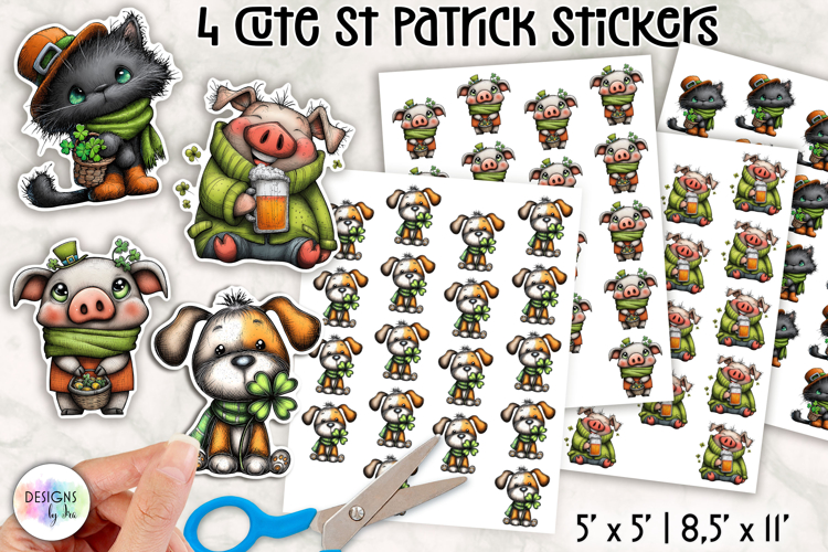 Cute St Patrick Stickers, Shamrock Animals and Lucky Clover