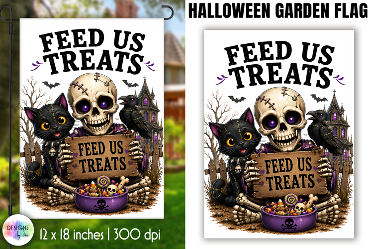 Halloween Garden Flag, Feed Us Treats Skeleton PNG