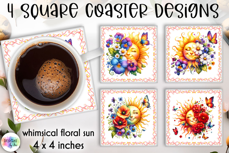 Whimsical Floral Sun Coaster Sublimation, Square Coaster PNG