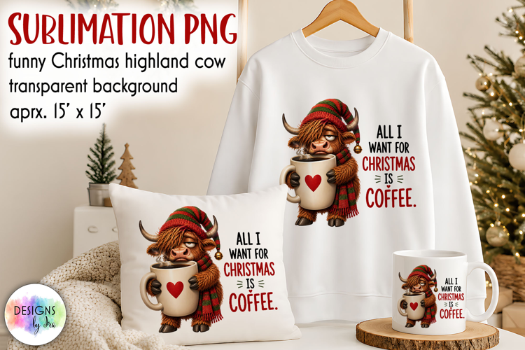 Christmas Coffee Highland Cow Sublimation PNG