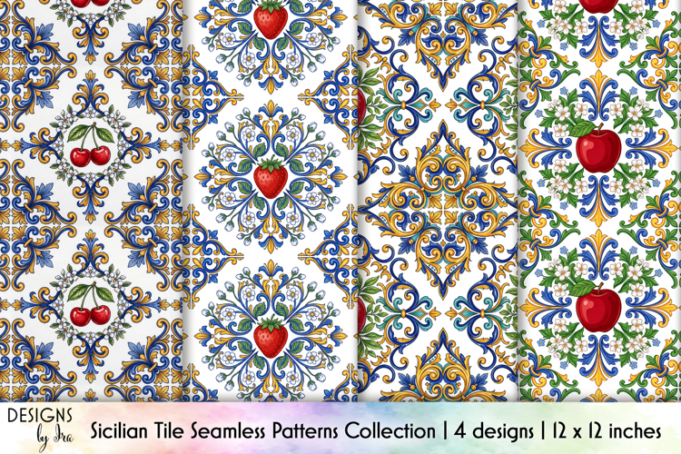Sicilian Tile Seamless Patterns, Mediterranean Fruits Print