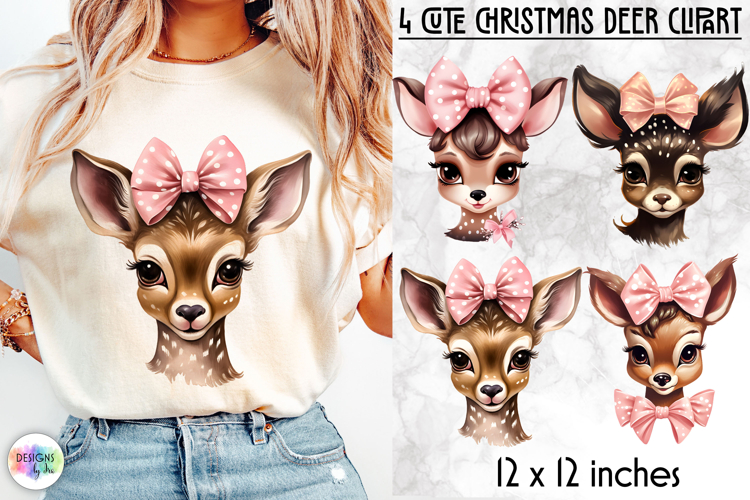 Cute Christmas Deer Clipart, Baby Deer with Coquette Bow PNG