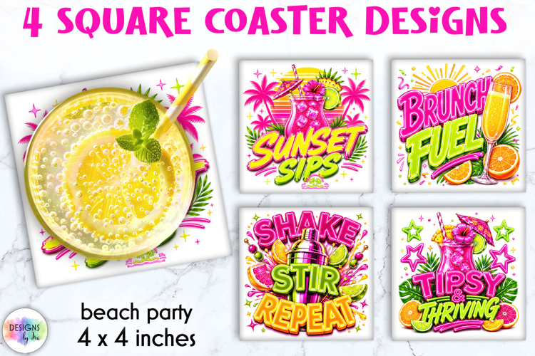 Neon Summer Cocktail Coaster Designs, Tropical Drink Quotes