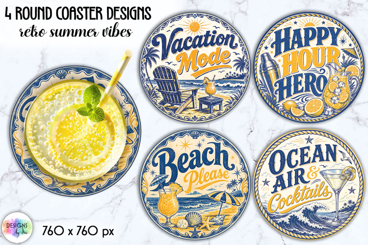 Retro Summer Coastal Coaster Sublimation, Beach Cocktails