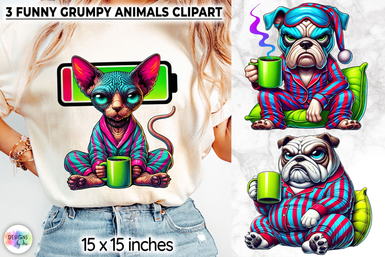 Funny Grumpy Animals Clipart, Coffee Mood Cartoon Character