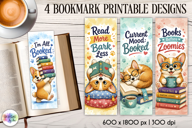 Corgi Reading Bookmarks, Cute Dog Printable Bookmark Design