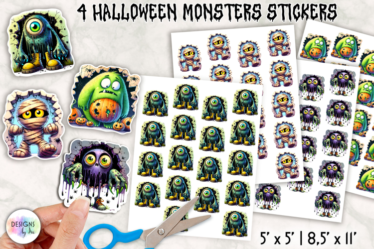 Halloween Monster Stickers, Cute Creepy Monster Clipart