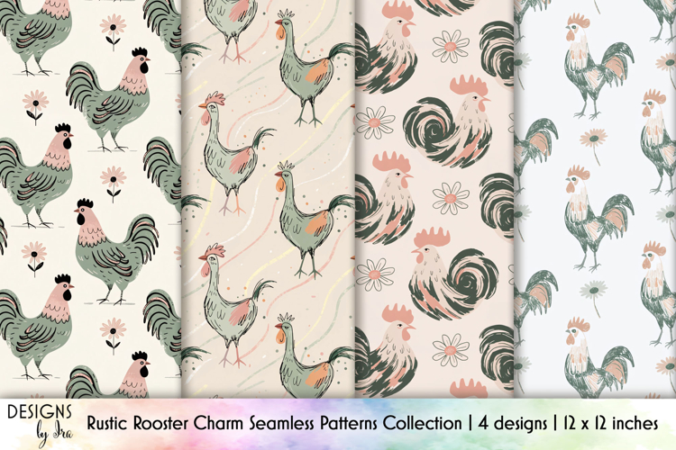 Rustic Rooster Seamless Pattern Collection Farmhouse Style