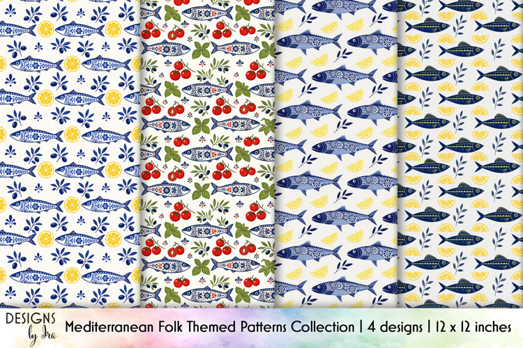 Mediterranean Seamless Pattern, Folk Art Pattern, Sardine