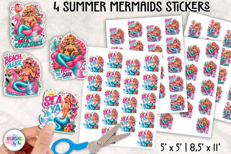 Summer Mermaid Stickers PNG, Tropical Planner Stickers