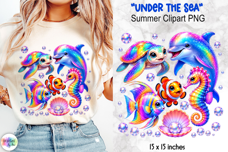 Holographic Summer Clipart, Rainbow Sea Friends Clipart