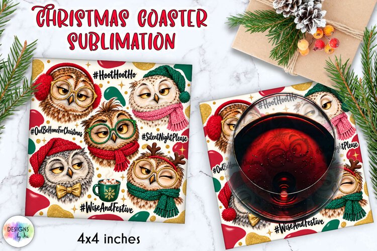 Funny Christmas Owl Coaster Sublimation example image 1