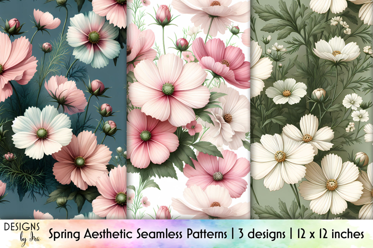 Spring Flowers Seamless Patter, Vintage Cosmos Flowers
