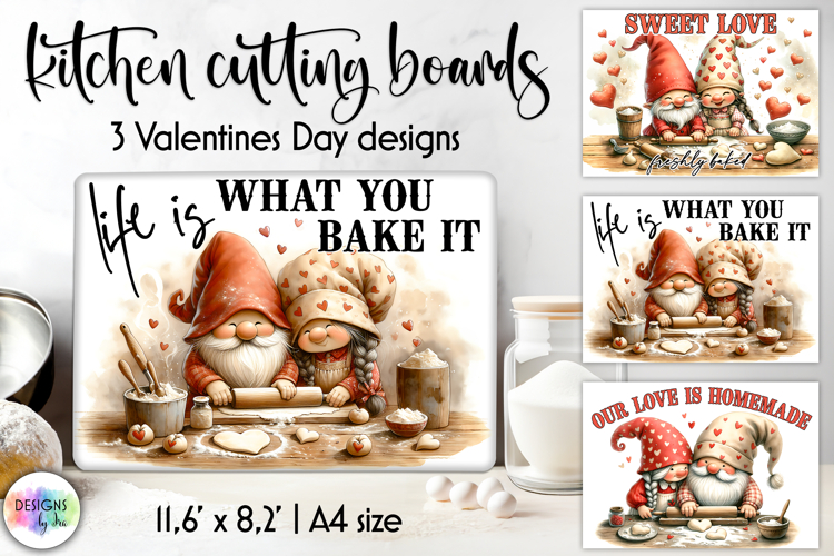 Valentine Gnome Kitchen Cutting Board Designs, Love Baking