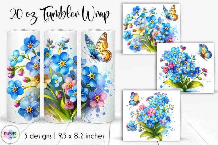 Watercolour Flowers Tumbler Wrap, Forget-Me-Not Flowers PNG