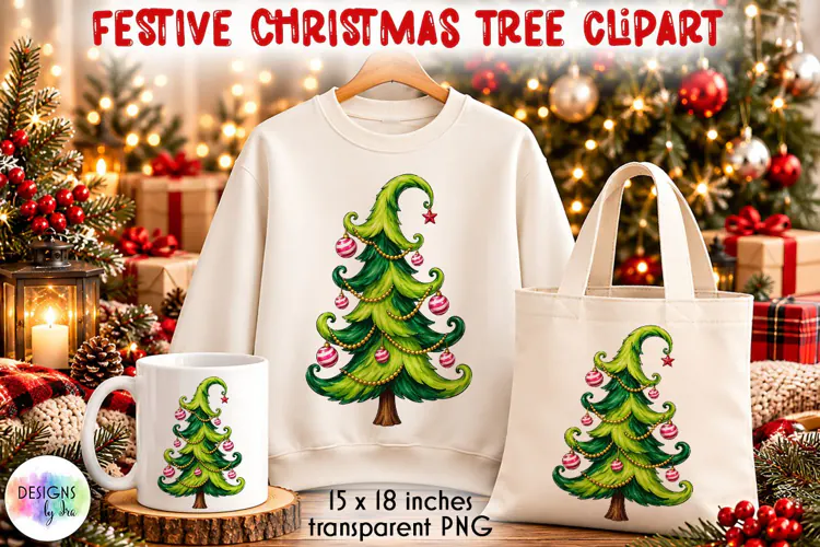 Wonky Green Christmas Tree PNG with Striped Baubles