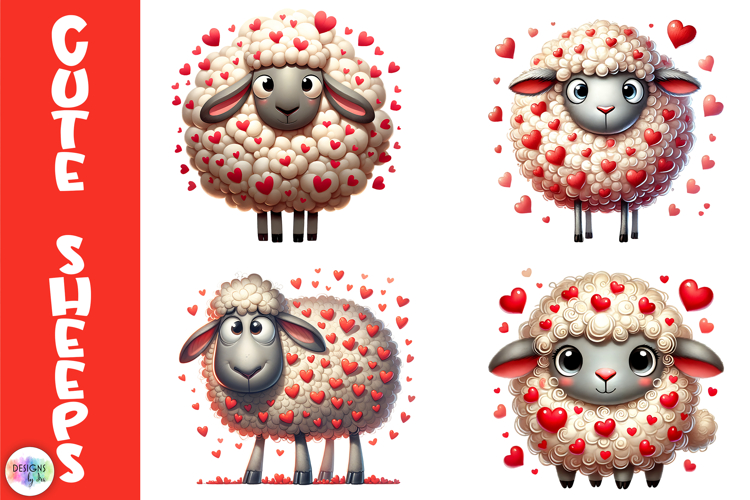 Cute Valentine Sheep Clipart, Fluffy Love Sheep with Hearts