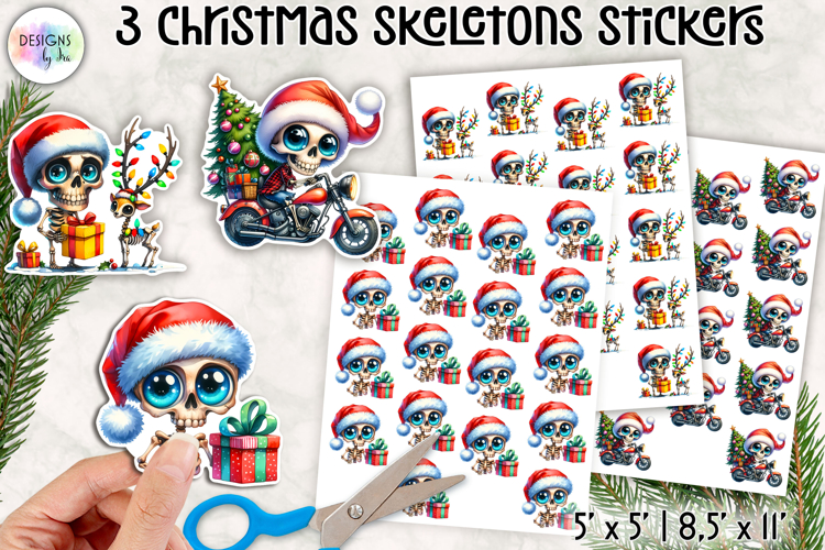 Cute Christmas Skeleton Stickers, Funny Santa Skull Stickers