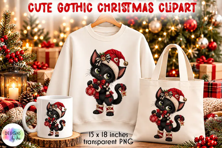 Cute Gothic Black Christmas Cat PNG Clipart, Christmas PNG