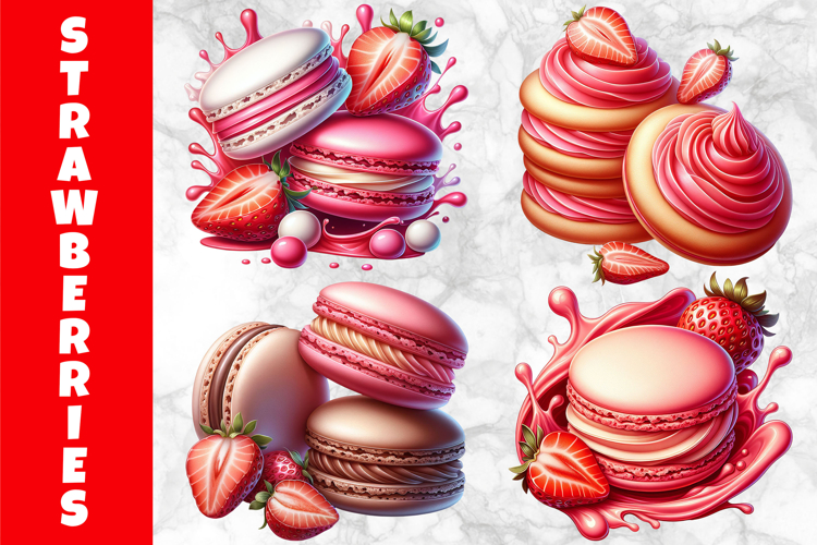 Strawberry Macarons Clipart, Strawberry Desserts PNG