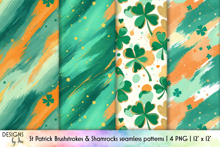 St Patrick Seamless Patterns, Shamrocks and Brushstroke