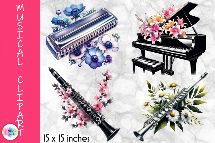 Musical Instruments with flowers Clipart, Music and Flowers