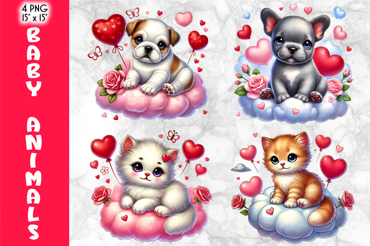 Cute Baby Animals on Clouds Valentine Clipart, Valentines