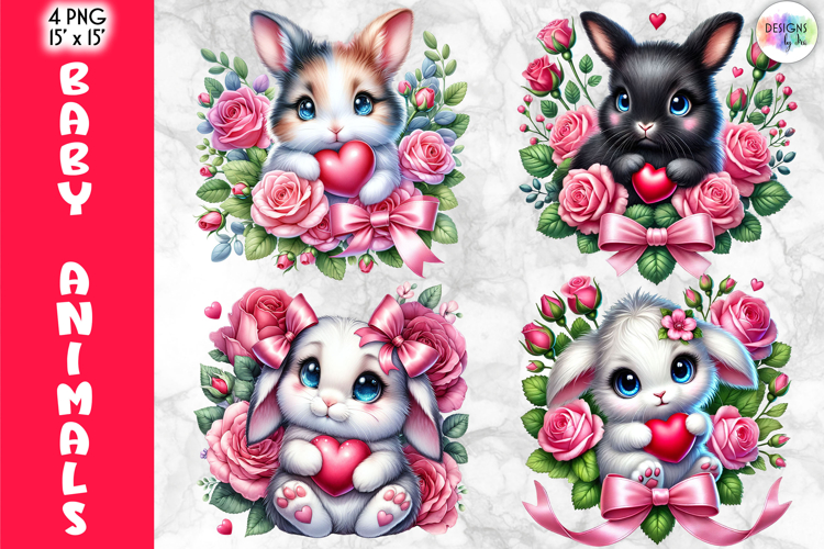 Valentine Baby Animals with Hearts Clipart, Cute Bunny PNG