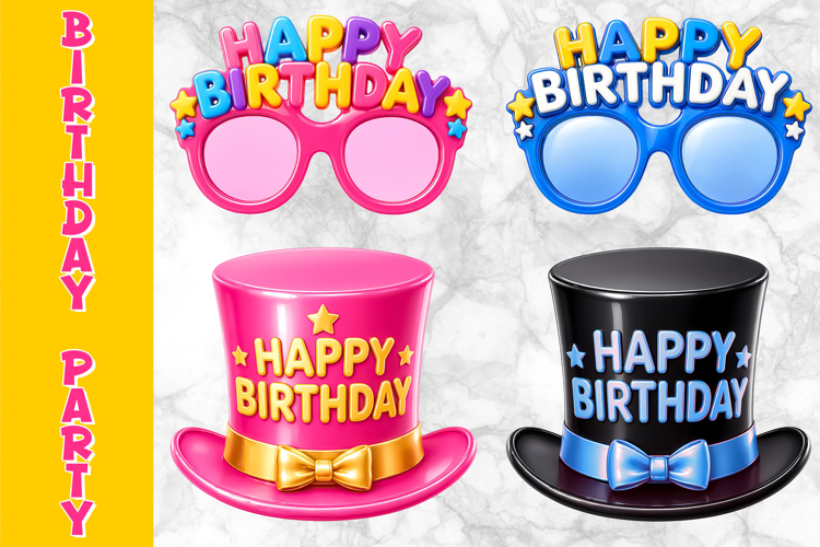 Birthday Accessories Clipart, Happy Birthday Hat and Glasses