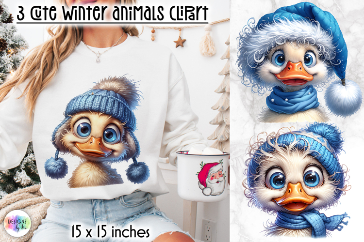 Cute Winter Animals in Blue Hat Clipart, Funny Baby Duck PNG