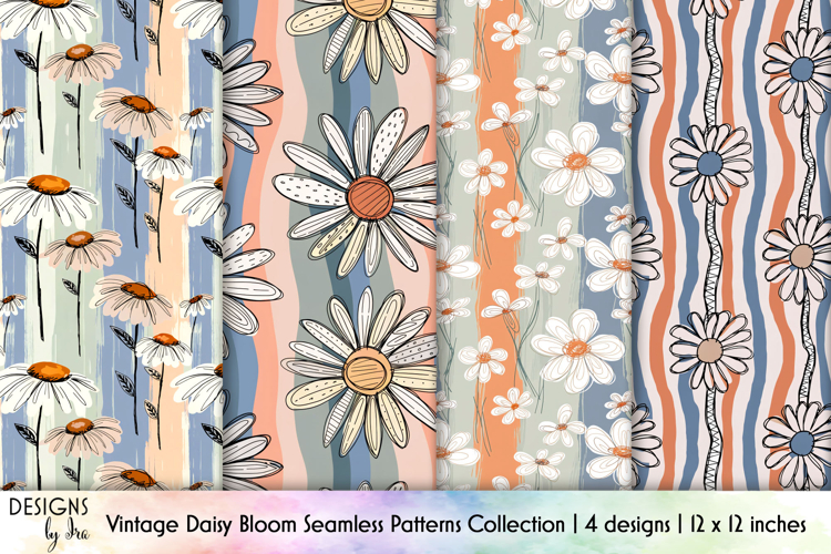 Daisies Seamless Patterns, Vintage Daisy Bloom Floral example image 1