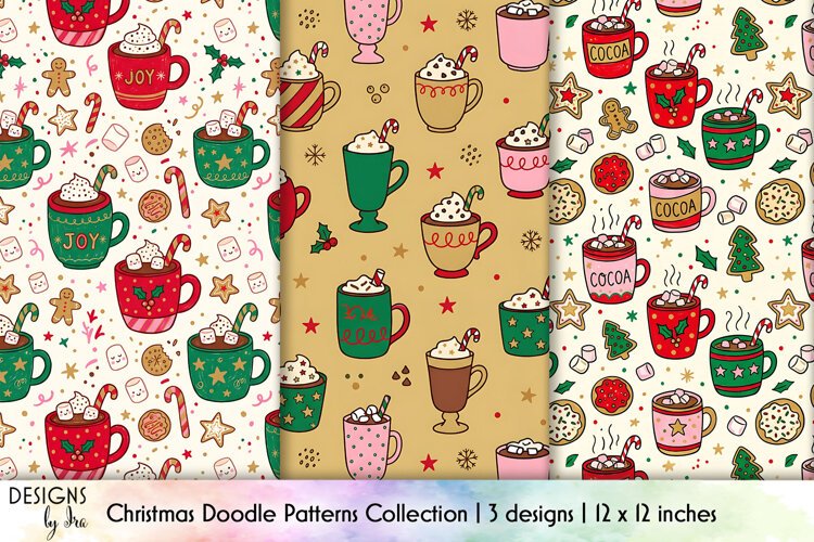 Christmas Cocoa and Cookies Seamless Doodle Patterns example image 1