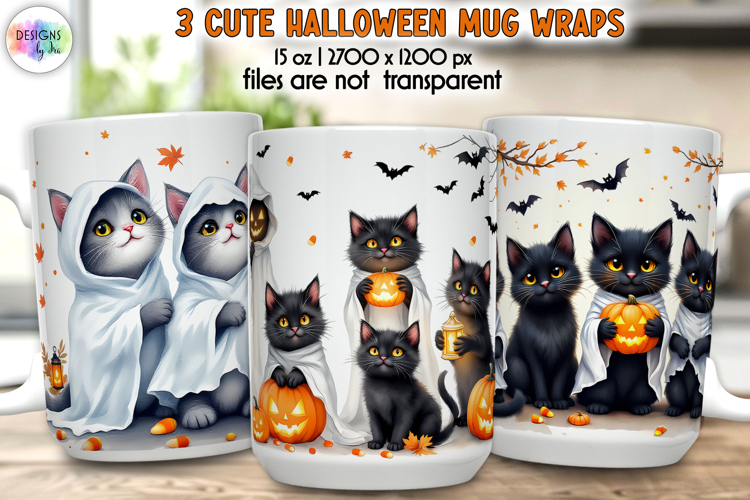 Cute Kitten Halloween Mug Wraps, Ghost Cats with Pumpkins