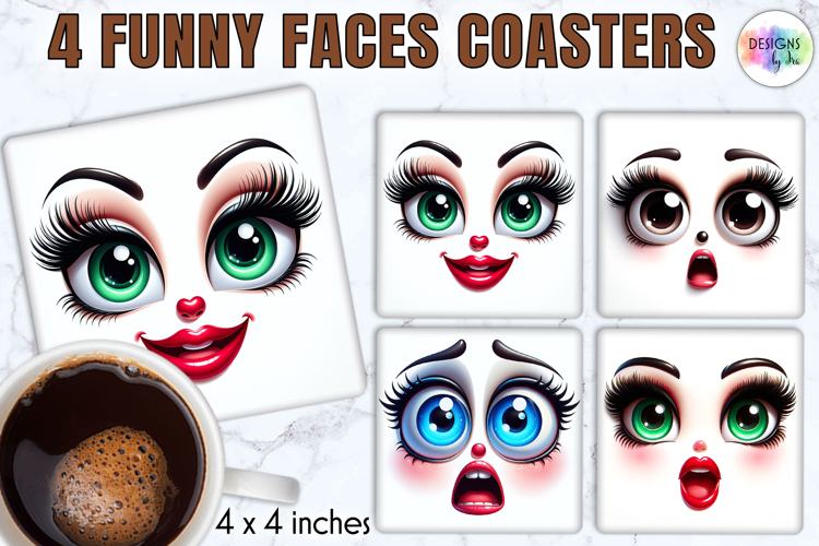 Funny Faces Coasters, Cute Emoji Face Sublimation Designs