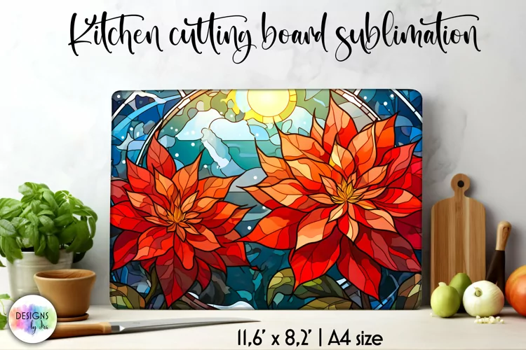 Stained Glass Cutting Board Sublimation | Poinsettia Flowers