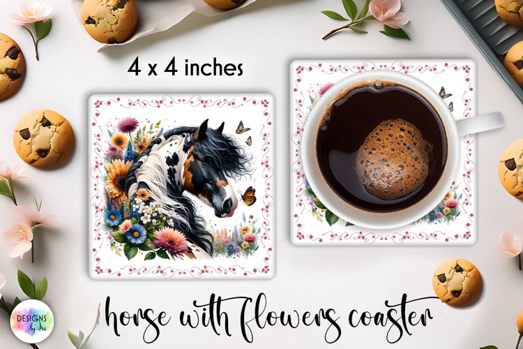 Watercolour Horse Coaster, Horse with Flowers Coaster Print