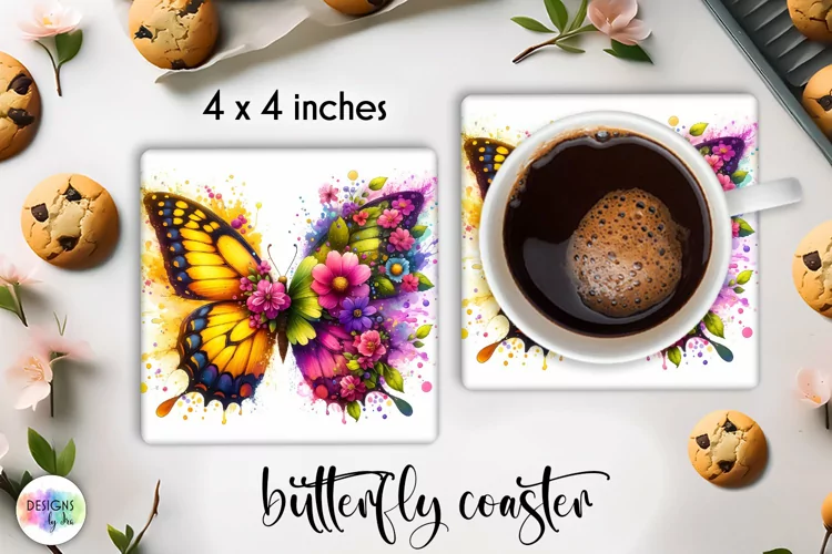 Floral Butterfly Coaster | Watercolour Butterfly Coaster PNG