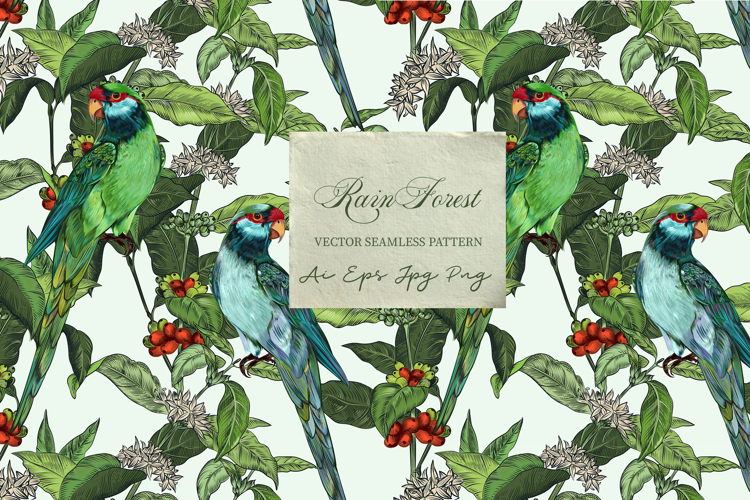 Rainforest jungle pattern with parrots