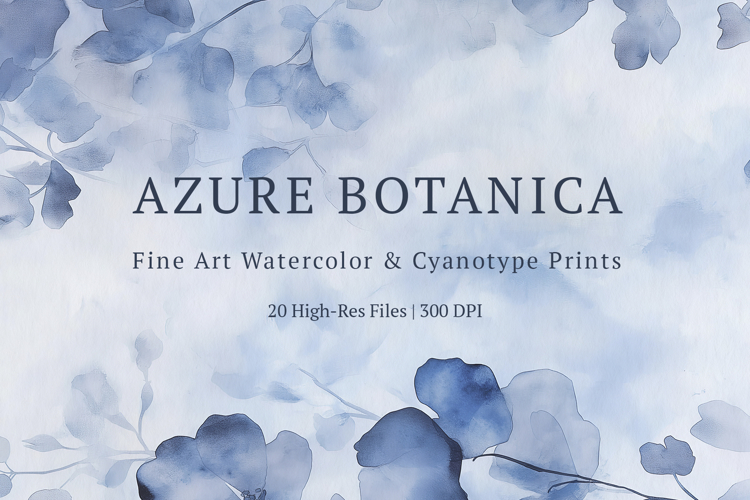 Azure Botanica: Fine Art Watercolor   Cyanotype Backgrounds