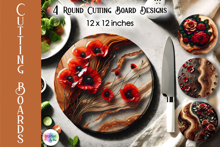 Red Poppy Resin Cutting Board Print, Kitchen Cutting Boards