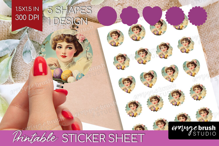 Retro Easter Round Sticker - Easter Printable Sticker Sheet example image 1