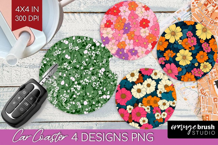 Retro Flowers Car Coaster - Floral Coaster PNG Sublimation